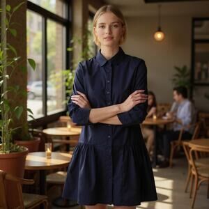 THE SHIRT ROCHELLE BEHRENS Dropwaist Dress Navy Blue 3/4 Sleeve Womens XS